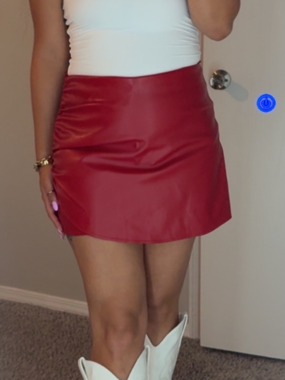 Women's Red Faux Leather ruched Mini Skort